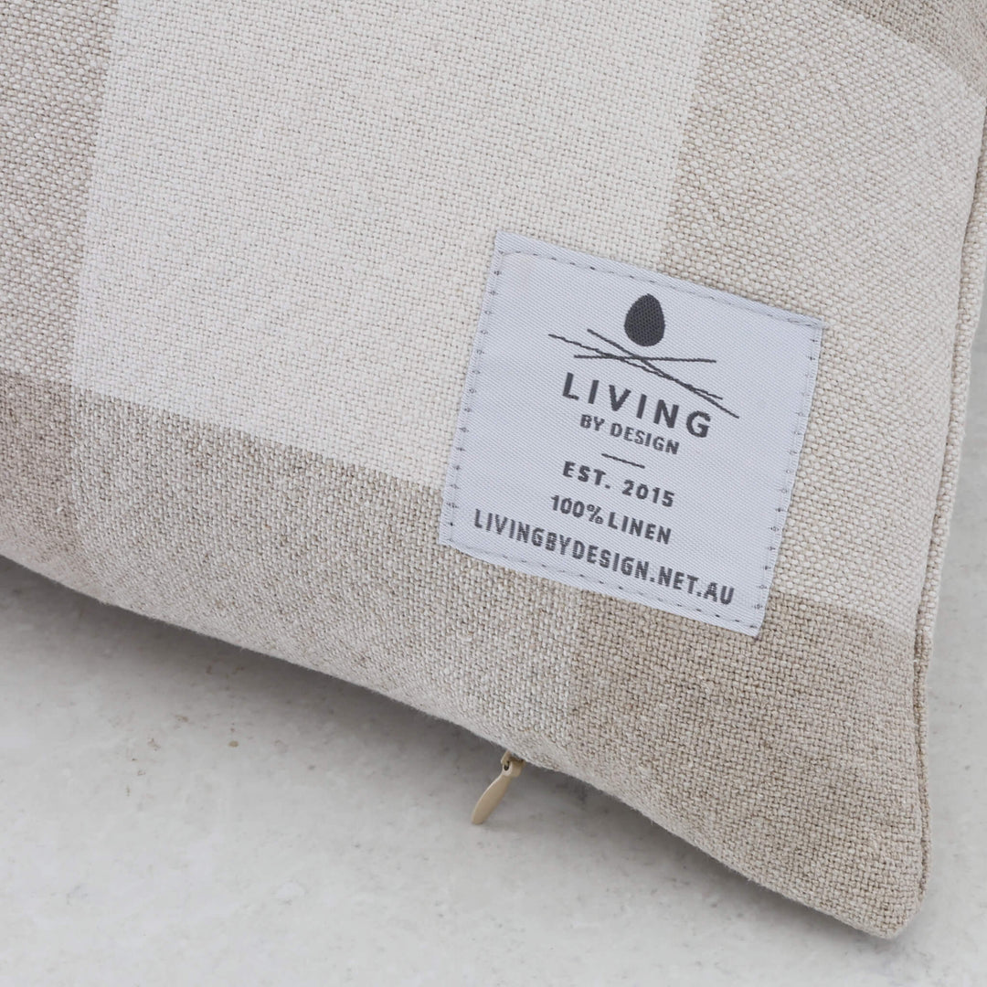 LA ROUVIERE CHECK CUSHION | NATURAL + OFF WHITE WIDE CHECK  |  LABEL CLOSE UP V2