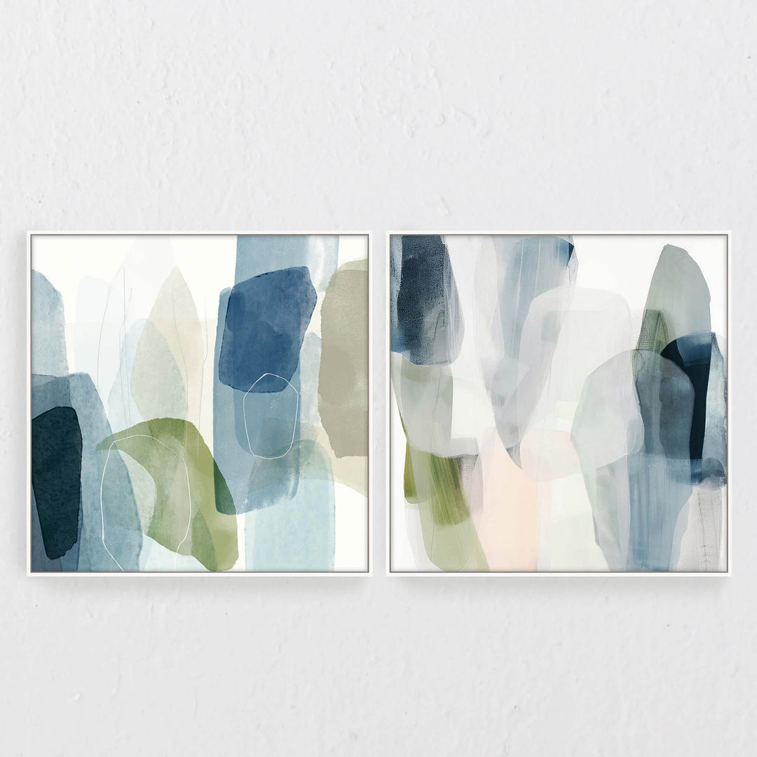 LBD EXCLUSIVE  |  VALERIO FRAMED CANVAS PRINT  |  SET OF 2  |  100CM X 100CM  |  GREEN + BLUE + WHITE