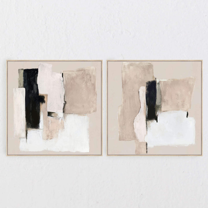 LBD EXCLUSIVE  |  BASSANO FRAMED TEXTURED PRINT ON HESSIAN  |  SET OF 2  |  100X100CM  |  SAND + BLACK + WHITE  |  NATURAL BAMBOO FRAME