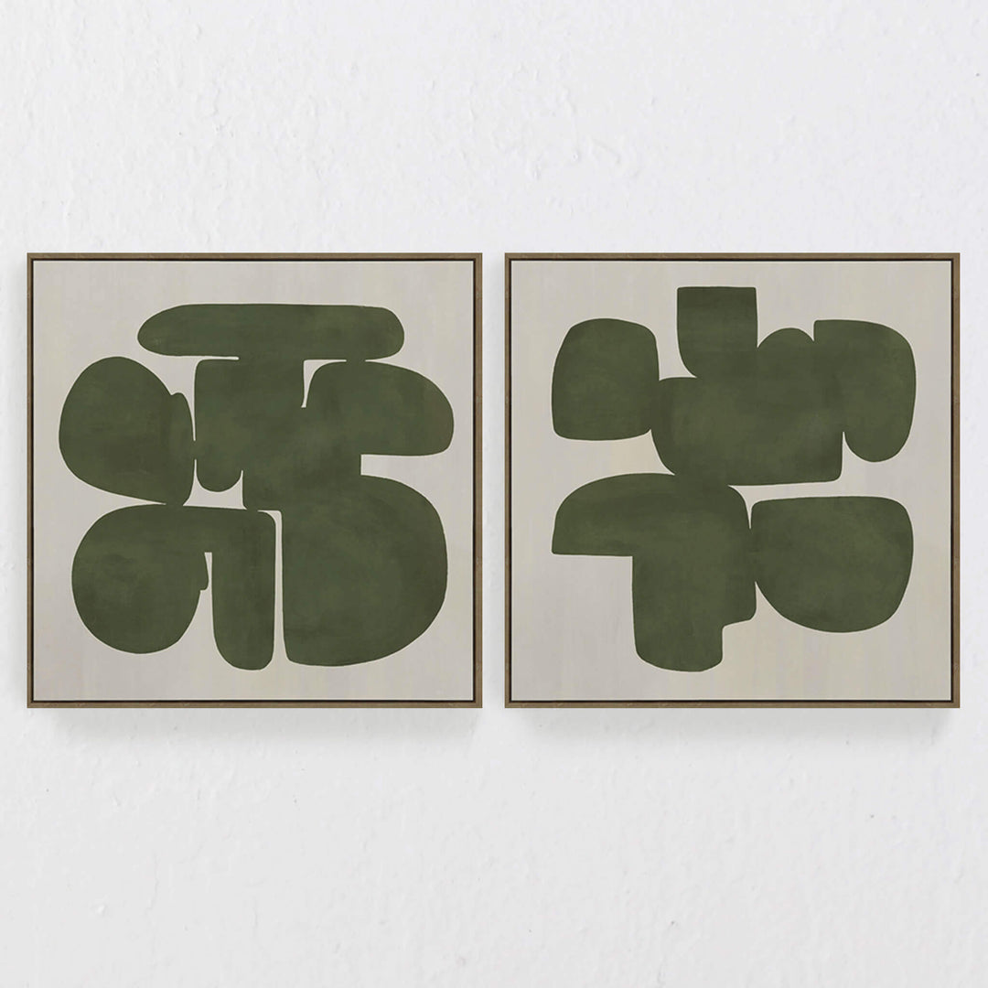 LBD EXCLUSIVE  |  BRANCA FRAMED CANVAS PRINT  |  SET OF 2  |  100CMX100CM  |  OLIVE + NATURAL  |  OAK NATURAL FRAME