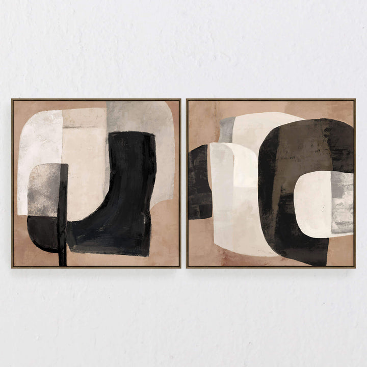LBD EXCLUSIVE  |  MAXIME FRAMED CANVAS PRINT  |  SET OF 2  |  100 X 100CM  |  TERRACOTTA CLAY + IVORY + CHARCOAL  |  OAK NATURAL FRAME