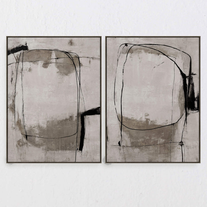 LBD EXCLUSIVE  |  CAGNES FRAMED TEXTURED PRINT ON HESSIAN  |  SET OF 2  |  90 X 120CM  |  TAUPE +  CHARCOAL + SANDSTONE  |  OAK NATURAL FRAME