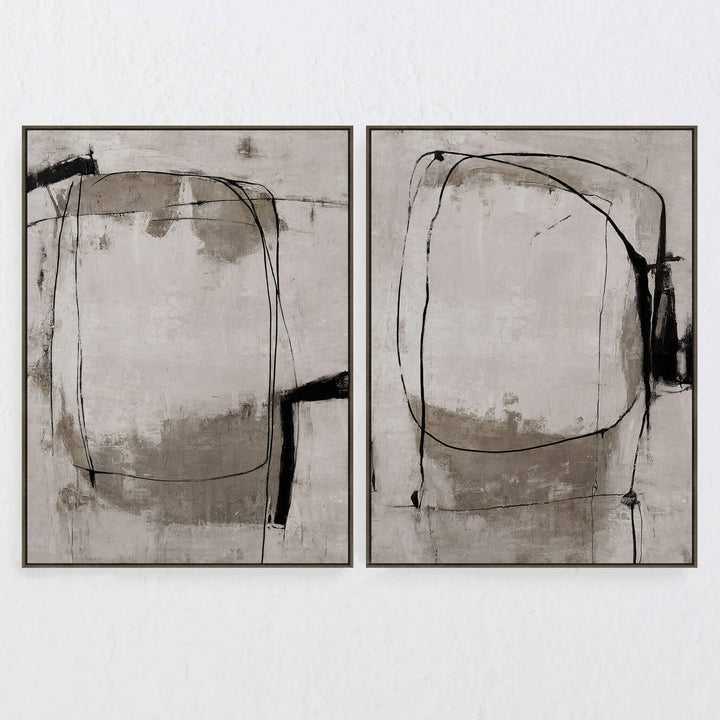 LBD EXCLUSIVE  |  CAGNES FRAMED TEXTURED ARTWORK ON HESSIAN  |  SET OF 2  |  90 X 120CM  |  TAUPE +  CHARCOAL + SANDSTONE  |  OAK NATURAL FRAME