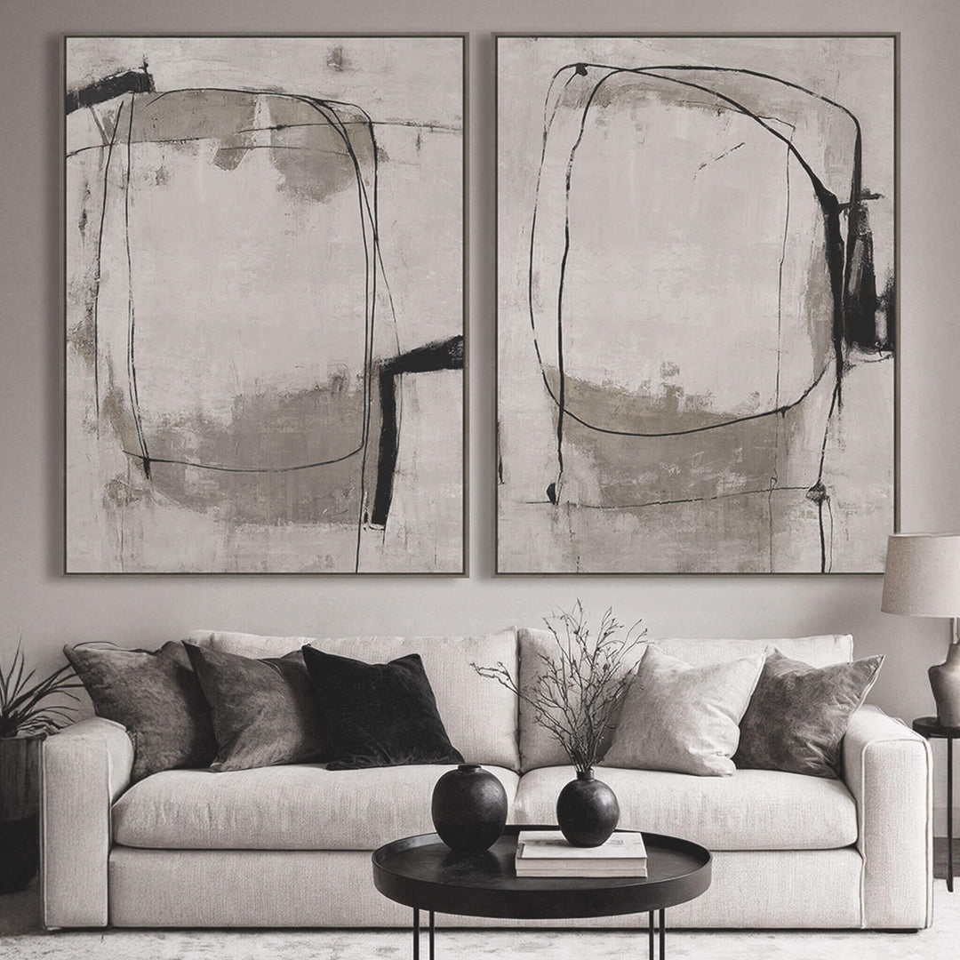 LBD EXCLUSIVE  |  CAGNES FRAMED TEXTURED PRINT ON HESSIAN  |  SET OF 2  |  90 X 120CM  |  TAUPE +  CHARCOAL + SANDSTONE  |  OAK NATURAL FRAME