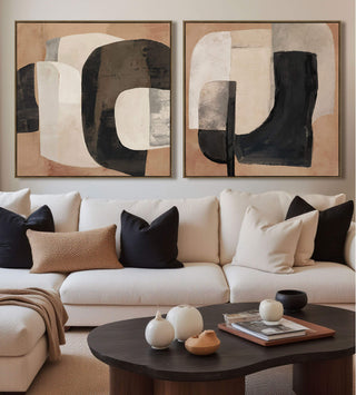 LBD EXCLUSIVE  |  MAXIME FRAMED CANVAS PRINT  |  SET OF 2  |  100 X 100CM  |  TERRACOTTA CLAY + IVORY + CHARCOAL  |  OAK NATURAL FRAME