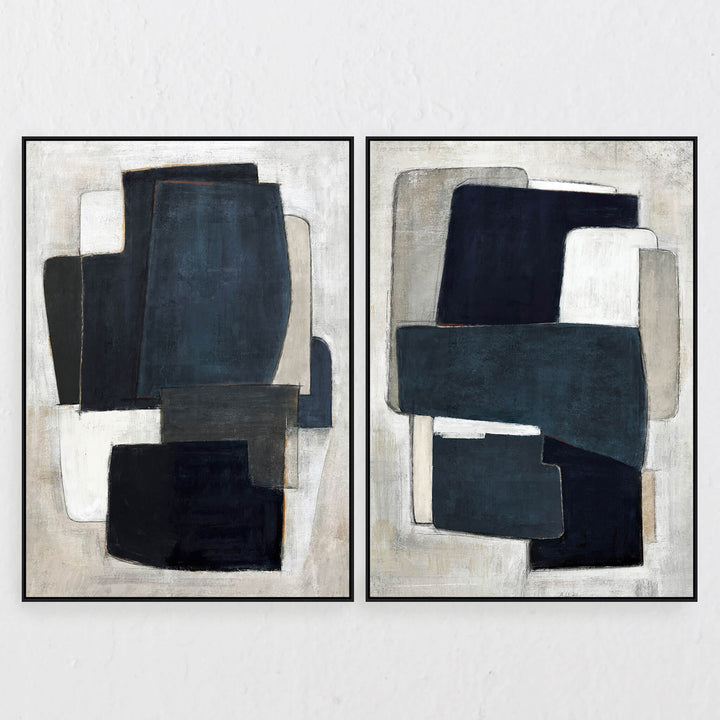 LBD EXCLUSIVE  |  VENARIA FRAMED CANVAS PRINT  |  SET OF 2  |  100 X 140CM  |  MIDNIGHT INK + CHARCOAL + TAUPE  |  BLACK FRAME