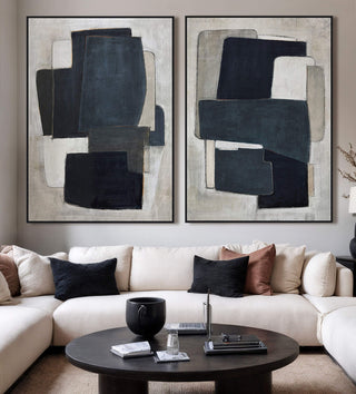 LBD EXCLUSIVE  |  VENARIA FRAMED CANVAS PRINT  |  SET OF 2  |  100 X 140CM  |  MIDNIGHT INK + CHARCOAL + TAUPE  |  BLACK FRAME