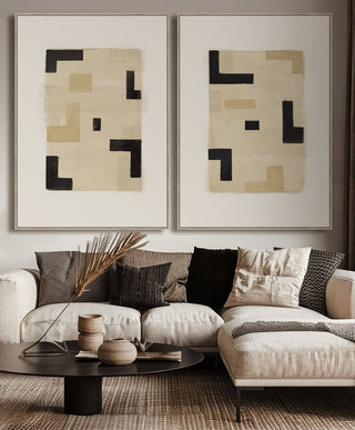LBD EXCLUSIVE  |  CREMONA FRAMED CANVAS PRINT  |  100X140CM  |  SET OF 2  |  BLACK + SAND + BEIGE  |  LIGHT NATURAL FRAME