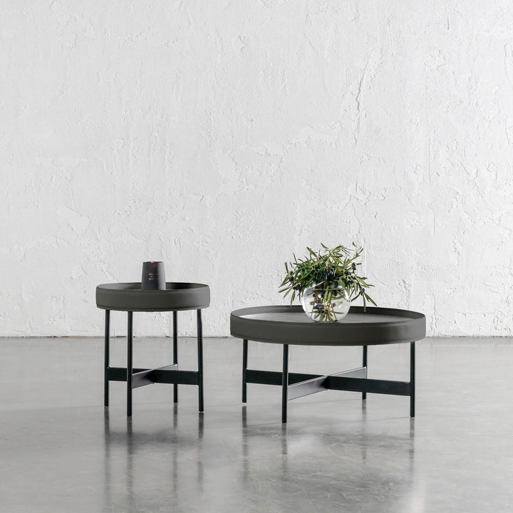 LEGGE COFFEE + TERRACE TABLE SET  |  BLACK WOOD + BLACK LEATHER TRIM