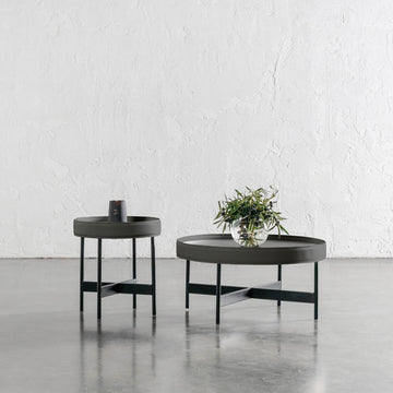 LEGGE COFFEE + TERRACE TABLE SET  |  BLACK WOOD + BLACK LEATHER TRIM