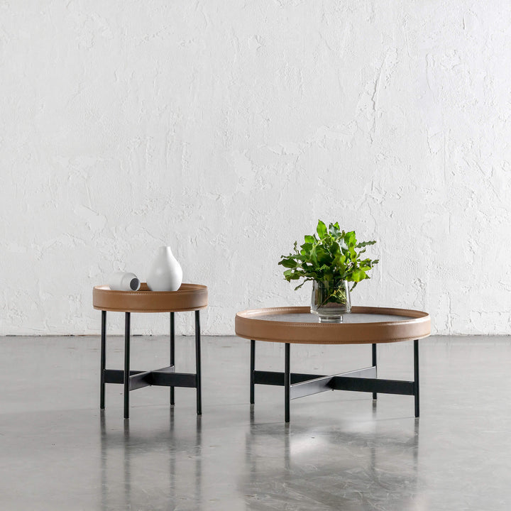 LEGGE COFFEE + TERRACE TABLE SET  |  BLACK WOOD + BROWN LEATHER TRIM