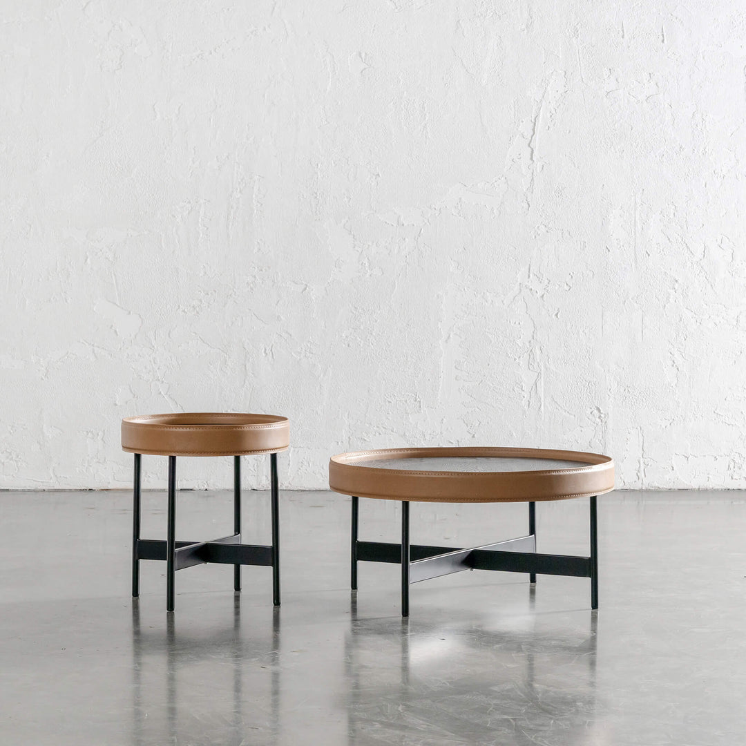 LEGGE COFFEE + TERRACE TABLE SET  |  BLACK WOOD + BROWN LEATHER TRIM