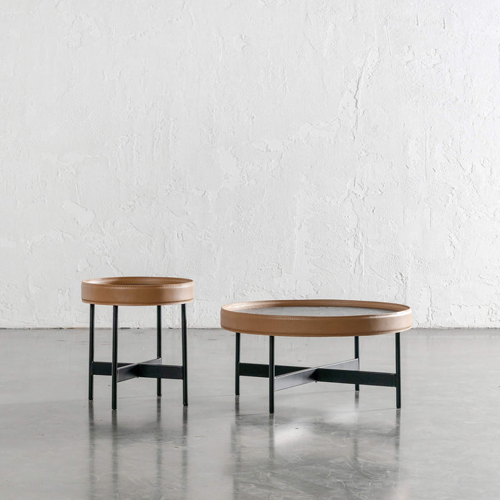 LEGGE COFFEE + TERRACE TABLE SET  |  BLACK WOOD + BROWN LEATHER TRIM