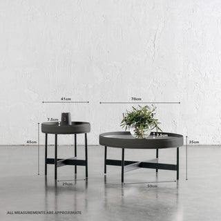 LEGGE COFFEE + TERRACE TABLE SET  |  BLACK WOOD + BLACK LEATHER TRIM | MEASUREMENTS