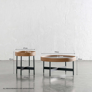 LEGGE COFFEE + TERRACE TABLE SET  |  BLACK WOOD + BROWN LEATHER TRIM | MEASUREMENTS
