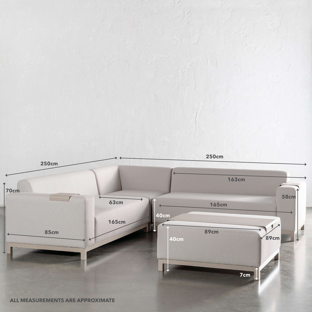 LE LUGARIA OUTDOOR 4 PIECE BUNDLE  |  CLAY HAZE FRAME + SNOWSTORM FABRIC | MEASUREMENTS