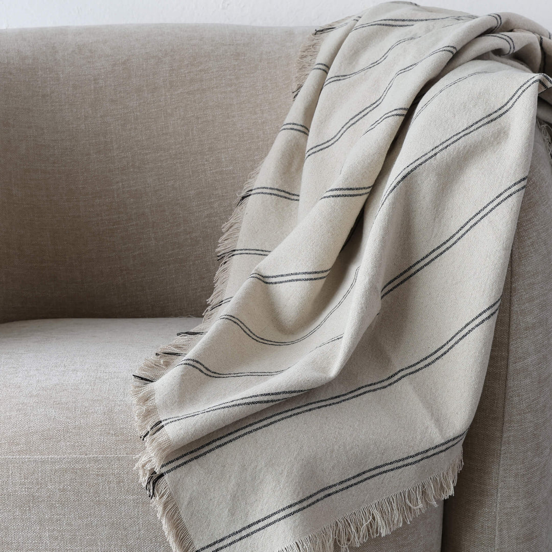 LES SALINS STRIPE LINEN THROW  |  170X130CM  |  NATURAL + TWIN CHARCOAL STRIPE