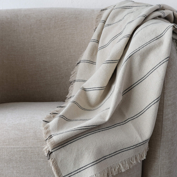 LES SALINS STRIPE LINEN THROW  |  170X130CM  |  NATURAL + TWIN CHARCOAL STRIPE