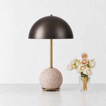 LEVADA GRANDE TABLE LAMP  |  DARK BRASS SHADE + TRAVERTINE