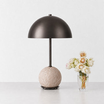 LEVADA GRANDE TABLE LAMP  |  DARK BRASS SHADE + TRAVERTINE