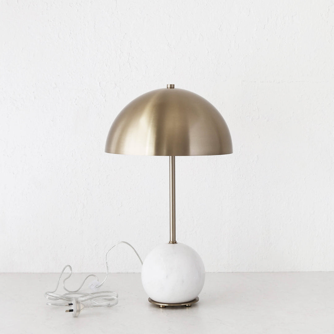 LEVADA GRANDE MARBLE TABLE LAMP  |  ANTIQUE BRASS SHADE + WHITE MARBLE