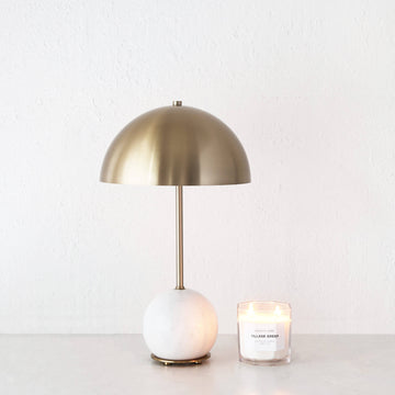 LEVADA GRANDE MARBLE TABLE LAMP  |  ANTIQUE BRASS SHADE + WHITE MARBLE
