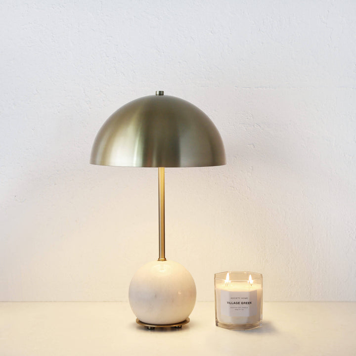 LEVADA GRANDE MARBLE TABLE LAMP  |  ANTIQUE BRASS SHADE + WHITE MARBLE