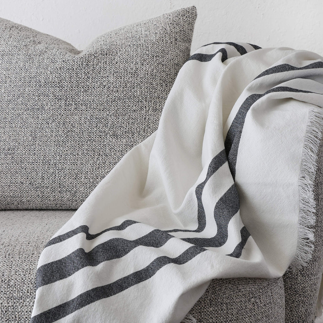 LE BONFIN STRIPE LINEN THROW  |  170X130CM  |  WHITE + TRIPLE CHARCOAL STRIPE