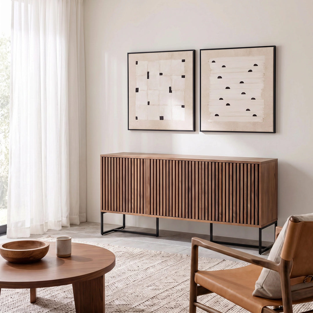 LOCARNO FRAMED CANVAS PRINT |  SET OF 2  |  100 X 100CM  |  OFF WHITE + LINEN |  BLACK FRAME