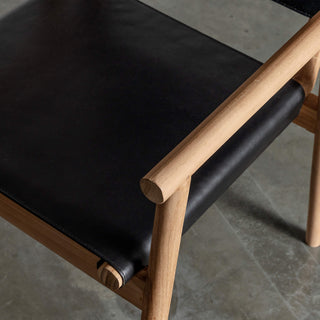 LOMASO CARVER ARMCHAIR  |  BLACK LEATHER + BRUSHED TEAK