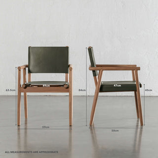 LOMASO CARVER ARMCHAIR  |  OLIVE LEATHER + BRUSHED TEAK | MEASUREMENTS