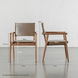 LOMASO CARVER ARMCHAIR  |  TAUPE SHADOW LEATHER + BRUSHED TEAK | MEASUREMENTS