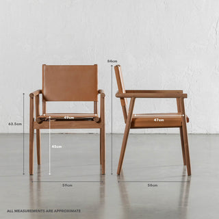 LOMASO CARVER ARMCHAIR  |  WARM NUTMEG LEATHER + BRUSHED TEAK | MEASUREMENTS