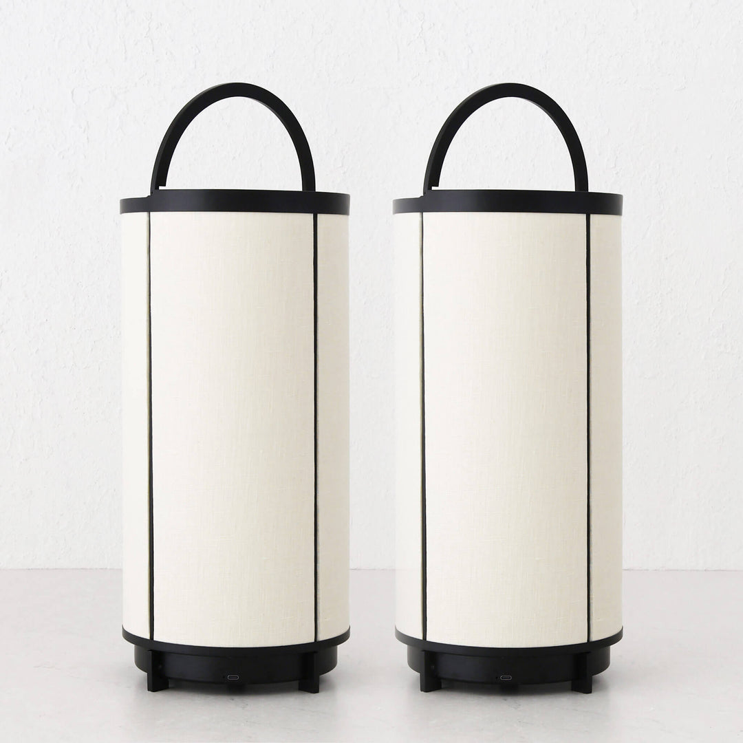 LOMBARDA LED RECHARGEABLE CYLINDER LAMP BUNDLE X2  |  42CM  |  CHALK LINEN + BLACK | BACK