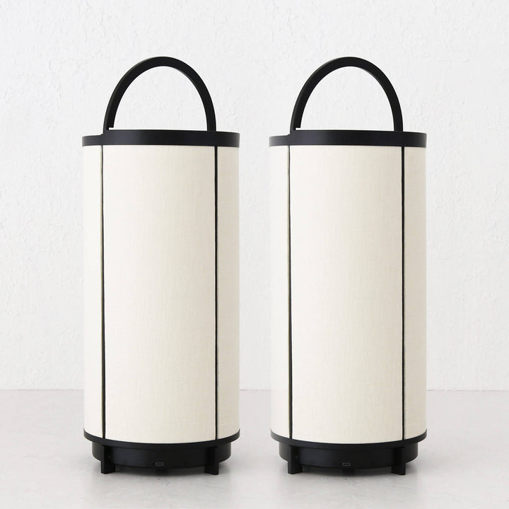 LOMBARDA LED RECHARGEABLE CYLINDER LAMP BUNDLE X2  |  42CM  |  CHALK LINEN + BLACK | BACK