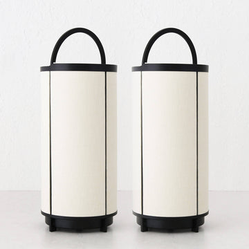 LOMBARDA LED RECHARGEABLE CYLINDER LAMP BUNDLE X2  |  42CM  |  CHALK LINEN + BLACK | FRONT