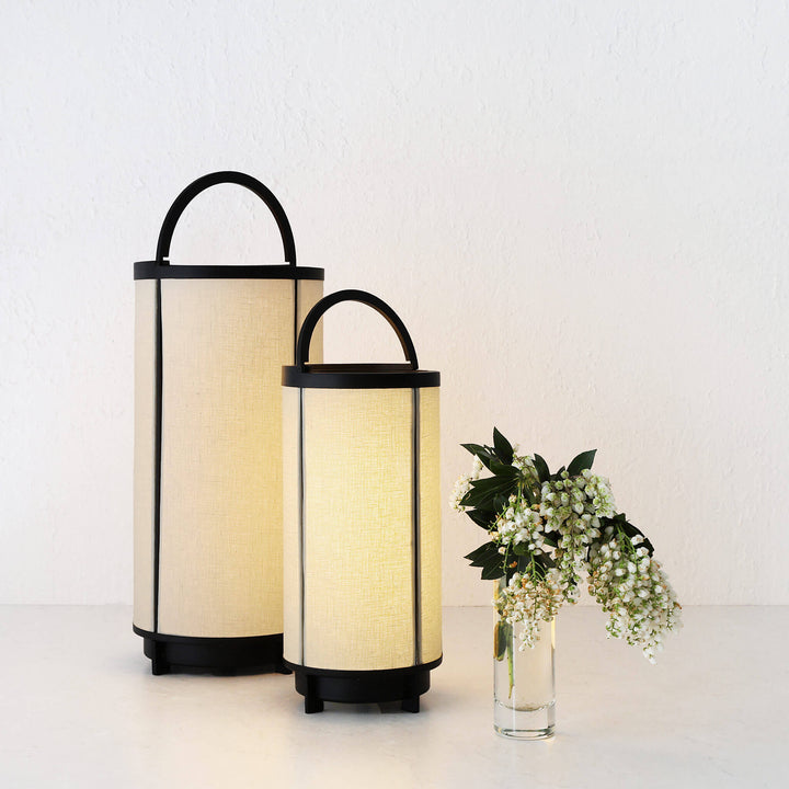 LOMBARDA LED RECHARGEABLE CYLINDER LAMP  |  32cm + 42CM  |  CHALK LINEN + BLACK