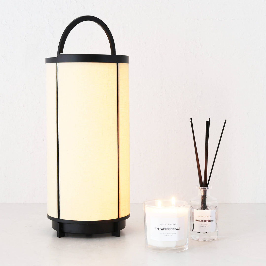 LOMBARDA LED RECHARGEABLE CYLINDER LAMP  |  42CM  |  CHALK LINEN + BLACK