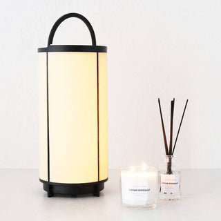 LOMBARDA LED RECHARGEABLE CYLINDER LAMP  |  42CM  |  CHALK LINEN + BLACK
