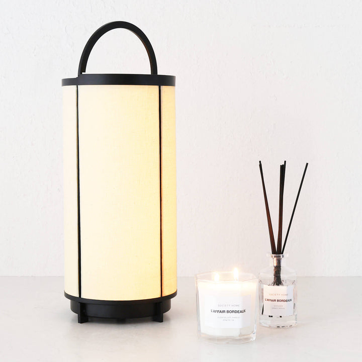 LOMBARDA LED RECHARGEABLE CYLINDER LAMP  |  42CM  |  CHALK LINEN + BLACK