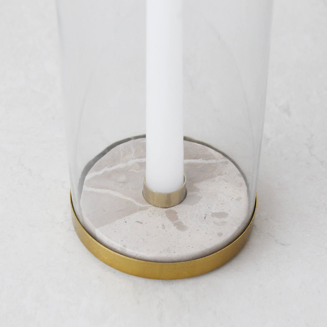 LOREN GLASS HURRICANE CANDLE HOLDER  |  TAUPE MARBLE BASE