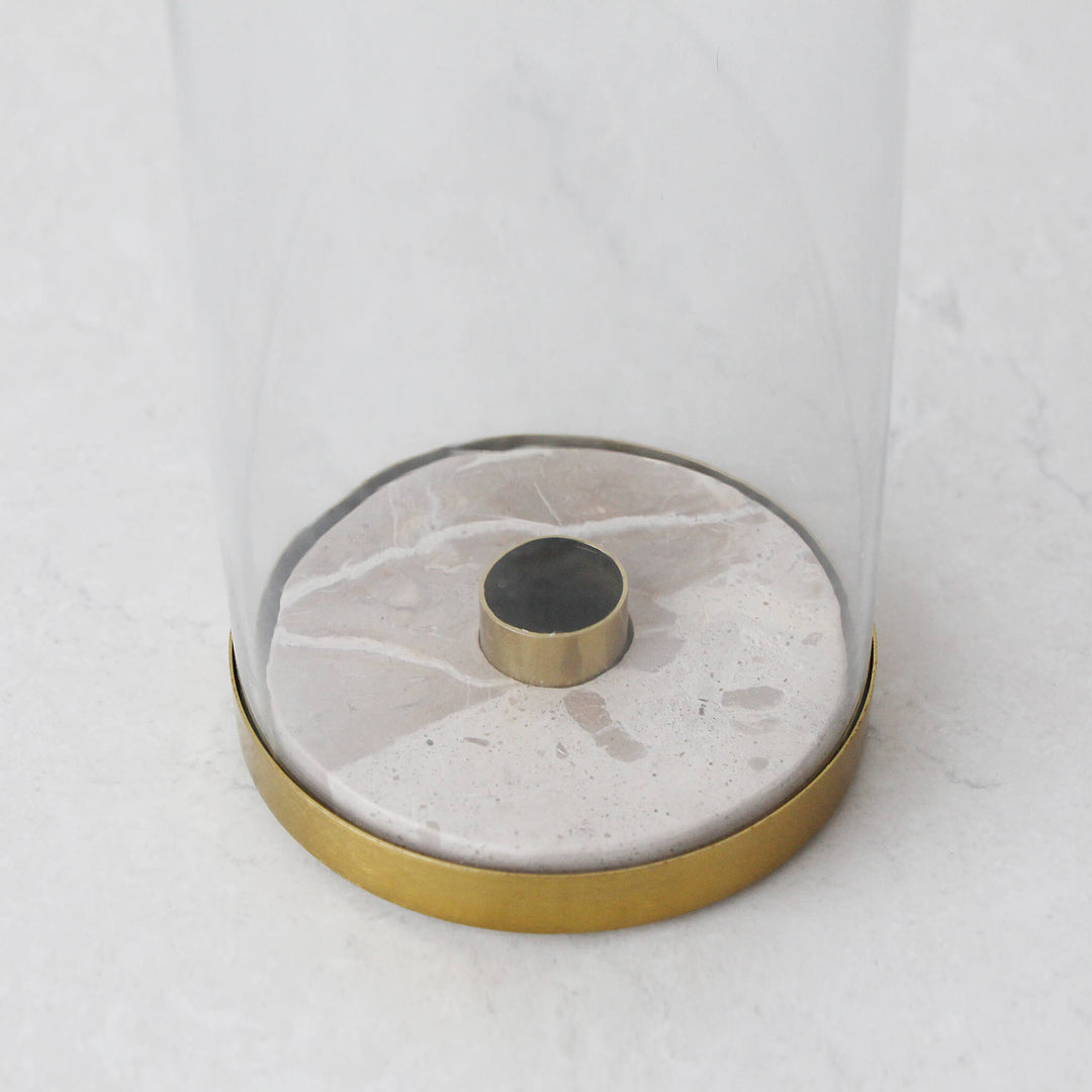 LOREN GLASS HURRICANE CANDLE HOLDER  |  TAUPE MARBLE BASE