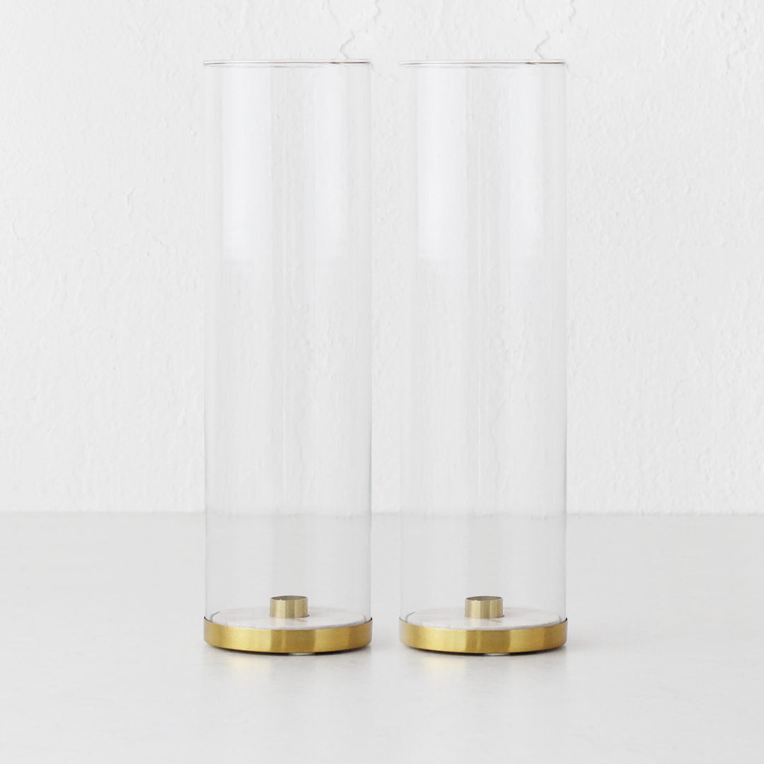 LOREN GLASS HURRICANE CANDLE HOLDER BUNDLE X2  |  TAUPE MARBLE BASE