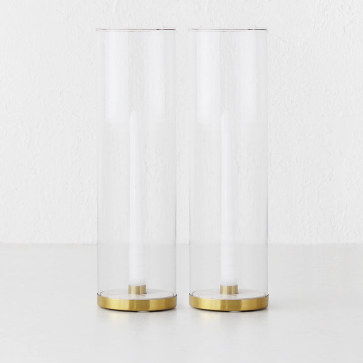 LOREN GLASS HURRICANE CANDLE HOLDER BUNDLE X2  |  TAUPE MARBLE BASE