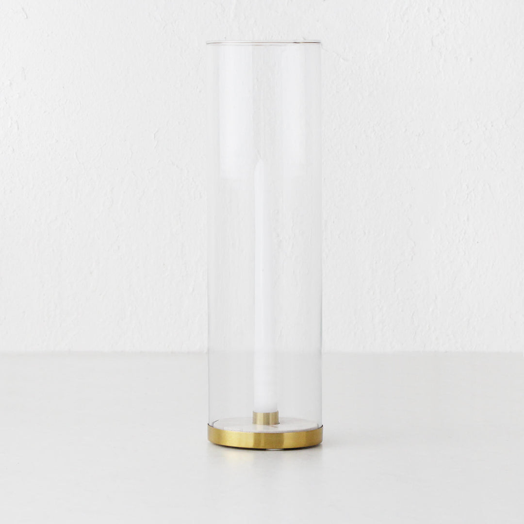 LOREN GLASS HURRICANE CANDLE HOLDER  |  TAUPE MARBLE BASE