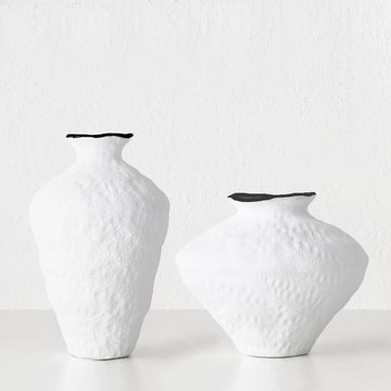 LIVING BY DESIGN EXCLUSIVE  |  LUGA CERAMIC VASE BUNDLE X2  |  M + L  |  NATURAL WHITE CERAMIC + CHARCOAL RIM