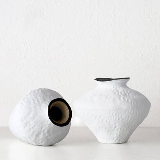 LIVING BY DESIGN EXCLUSIVE  |  LUGA CERAMIC VASE BUNDLE X2  |  M + L  |  NATURAL WHITE CERAMIC + CHARCOAL RIM