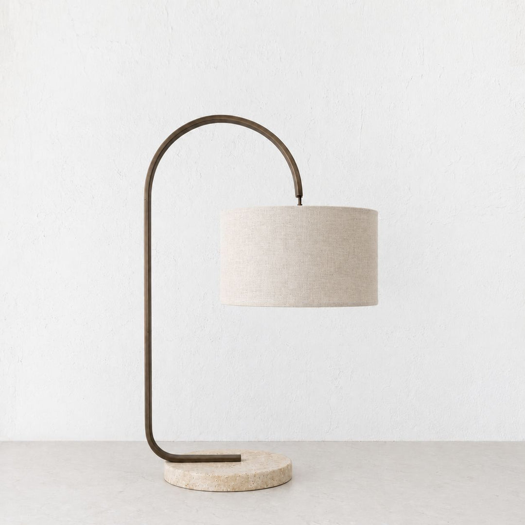 LACRES TABLE LAMP  |  TRAVERTINE + LINEN SHADE