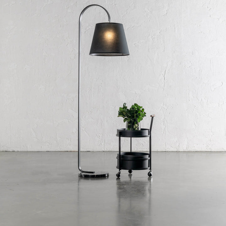 LACRES CURVED MATTE BLACK FLOOR LAMP  |  NOIR MARBLE  |  BLACK LINEN SHADE