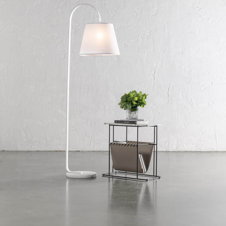 LACRES CURVED MATTE WHITE FLOOR LAMP  |  WHITE MARBLE  |  WHITE LINEN SHADE